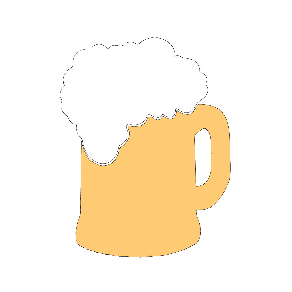 Waterjet cut COE 96 glass beer mug with almond opal foam, available in transparent amber or brown opal, sized 2 to 4 inches tall for fused glass designs.