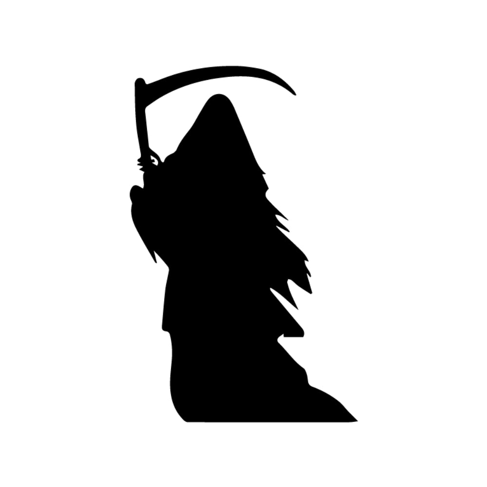 Precut glass shape of a reaper in black.