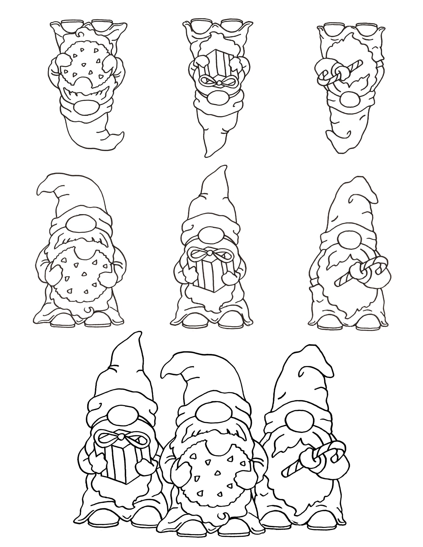 Christmas Gnomes screen print by Mark Hufford – 9 hand-drawn gnomes with cookies, candy canes, and gifts for holiday fused glass and enamel projects (8.5x11)