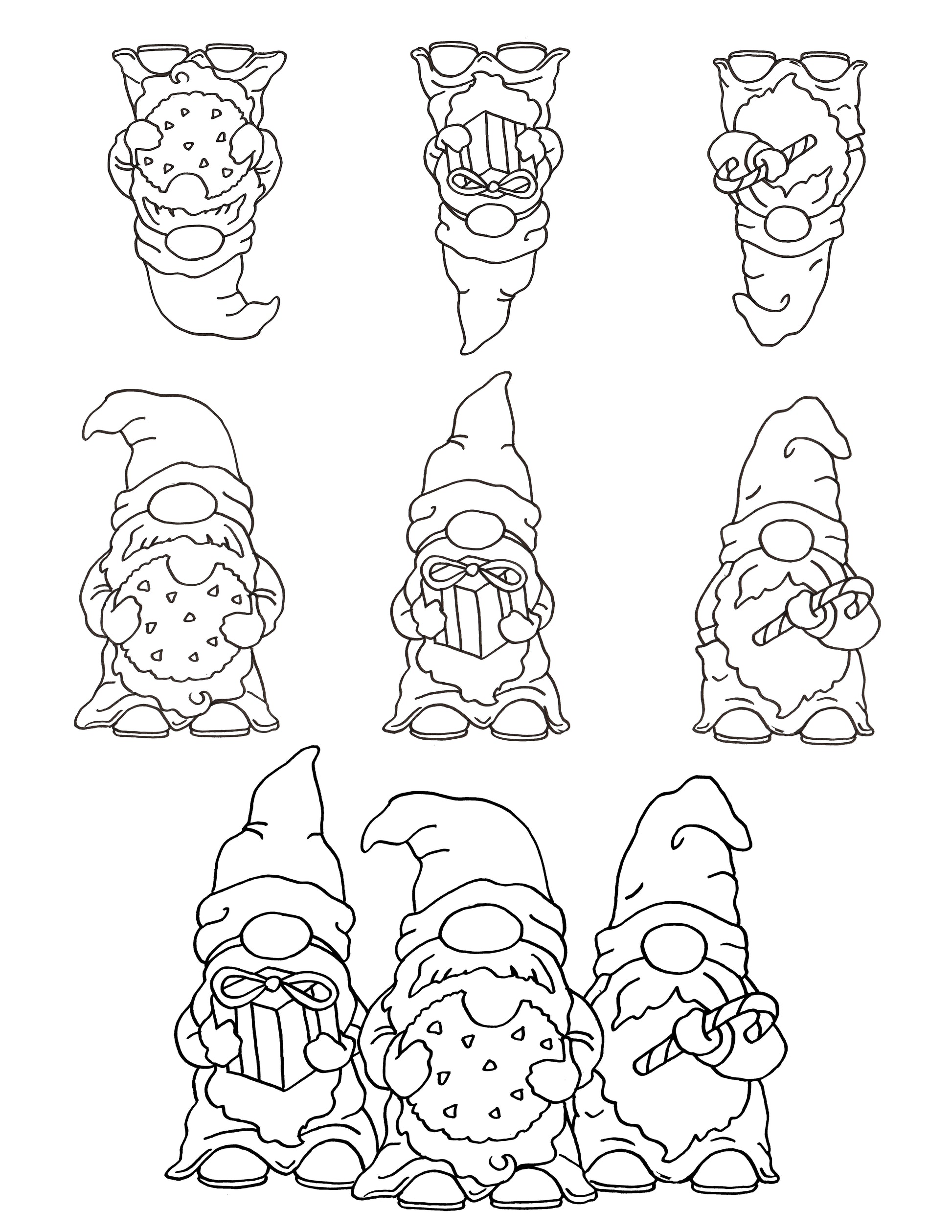 Christmas Gnomes screen print by Mark Hufford – 9 hand-drawn gnomes with cookies, candy canes, and gifts for holiday fused glass and enamel projects (8.5x11)