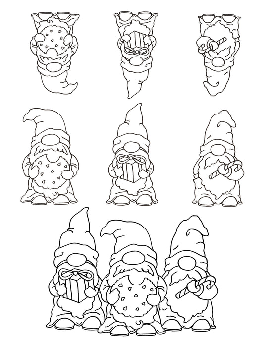 Christmas Gnomes screen print by Mark Hufford – 9 hand-drawn gnomes with cookies, candy canes, and gifts for holiday fused glass and enamel projects (8.5x11)
