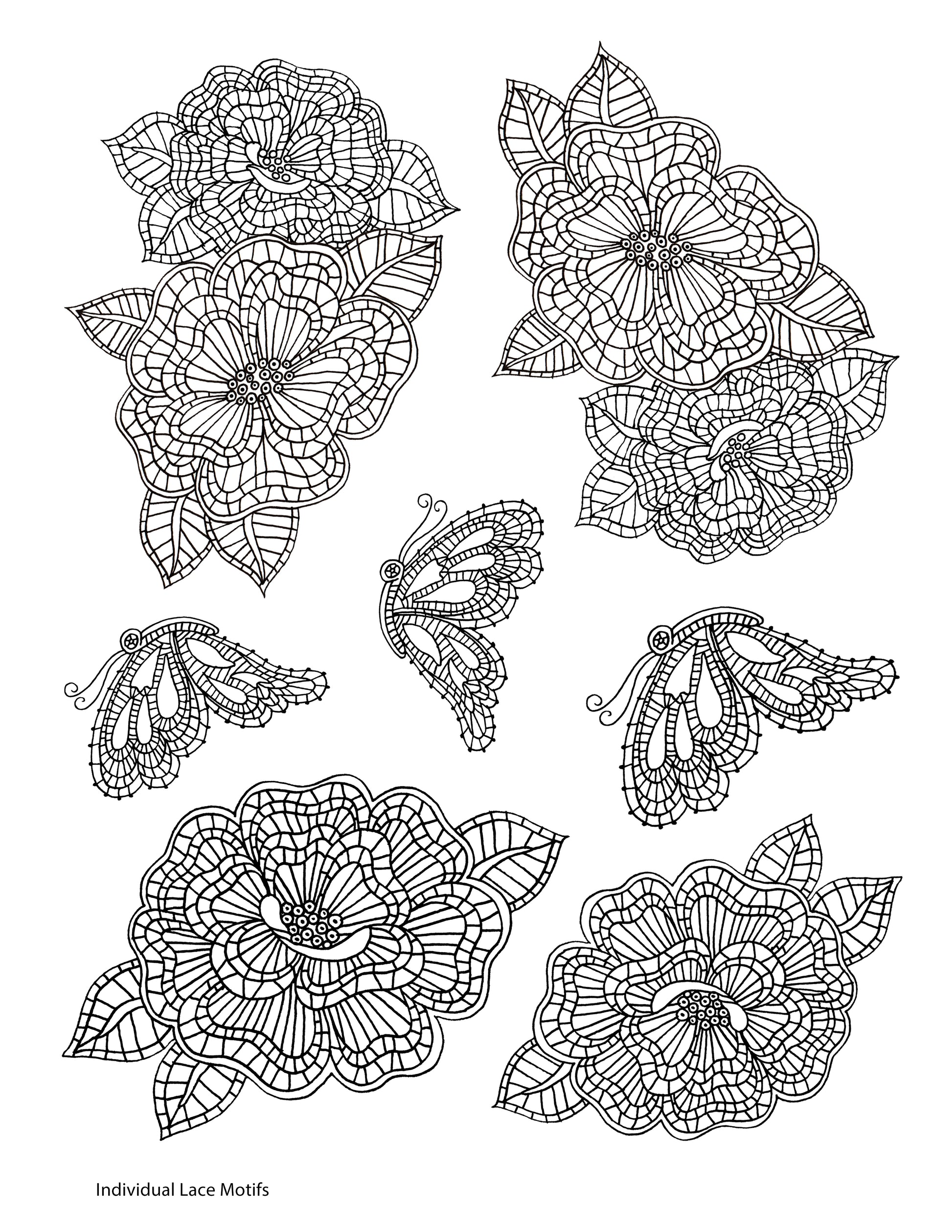 Individual Lace Motifs screen print by Mark Hufford – floral and butterfly lace elements for fused glass and enamel painting (8.5x11)