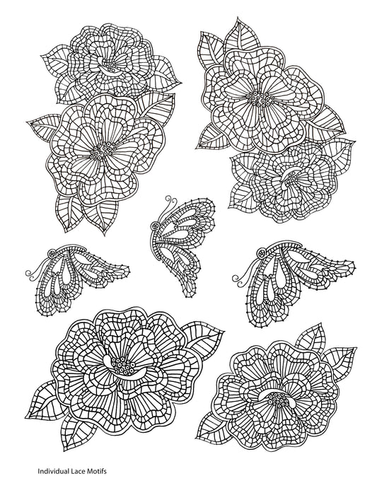 Individual Lace Motifs screen print by Mark Hufford – floral and butterfly lace elements for fused glass and enamel painting (8.5x11)