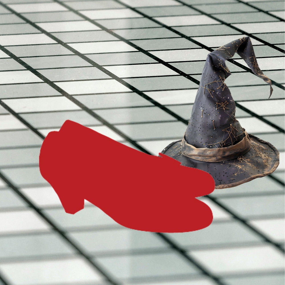 Ruby Red Slippers fused glass precut with witch hat on a yellow brick road background – COE 90 and COE 96 glass for fairy tale kiln art.