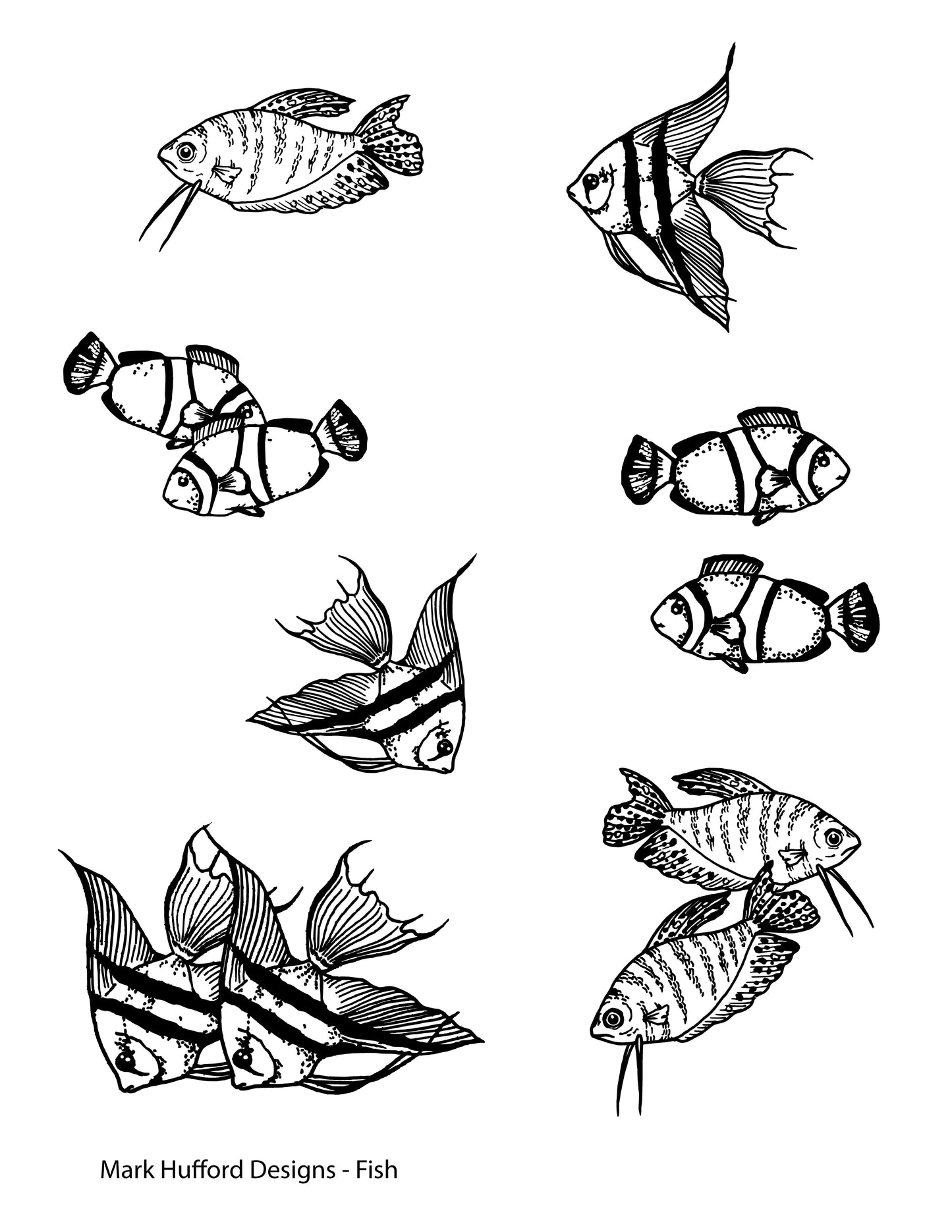 Hand-drawn tropical fish screen print by Mark Hufford for fused glass and enamel painting – clownfish, angelfish, and gouramis design