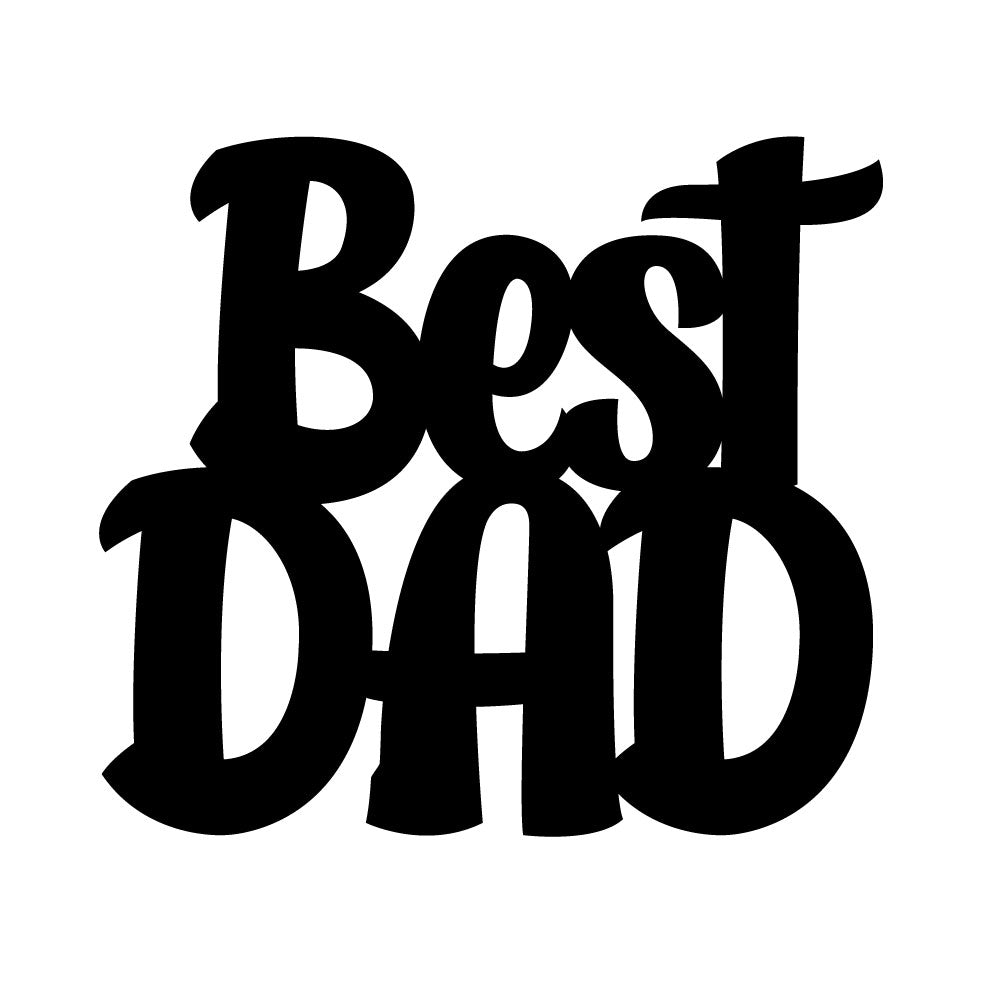 Black precut glass shape with the words “Best Dad” in bold font, made from COE 96 glass for fused art and Father's Day crafts.