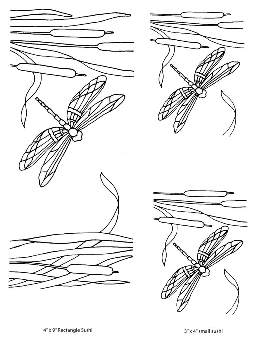 Dragonfly & Cattails Sushi screen print by Mark Hufford – botanical fused glass design sized for 4x9 and 3x4 sushi molds