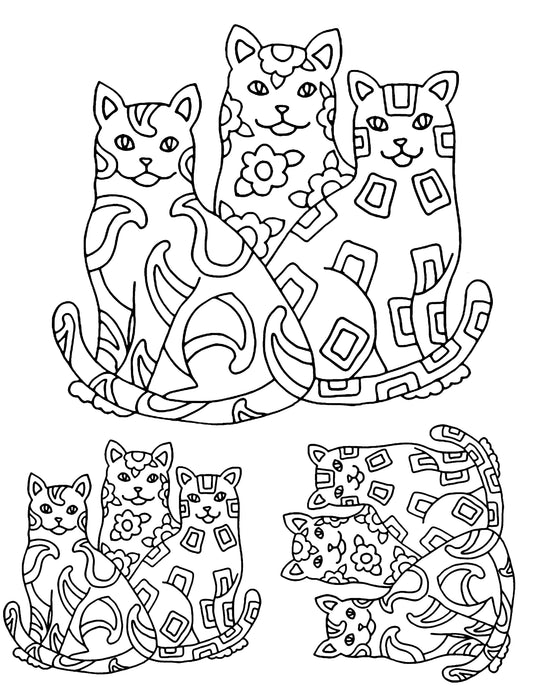 Cat Trio screen print by Mark Hufford – three stylized cats with patterns for fused glass, enamel art, and crafts (8.5x11)